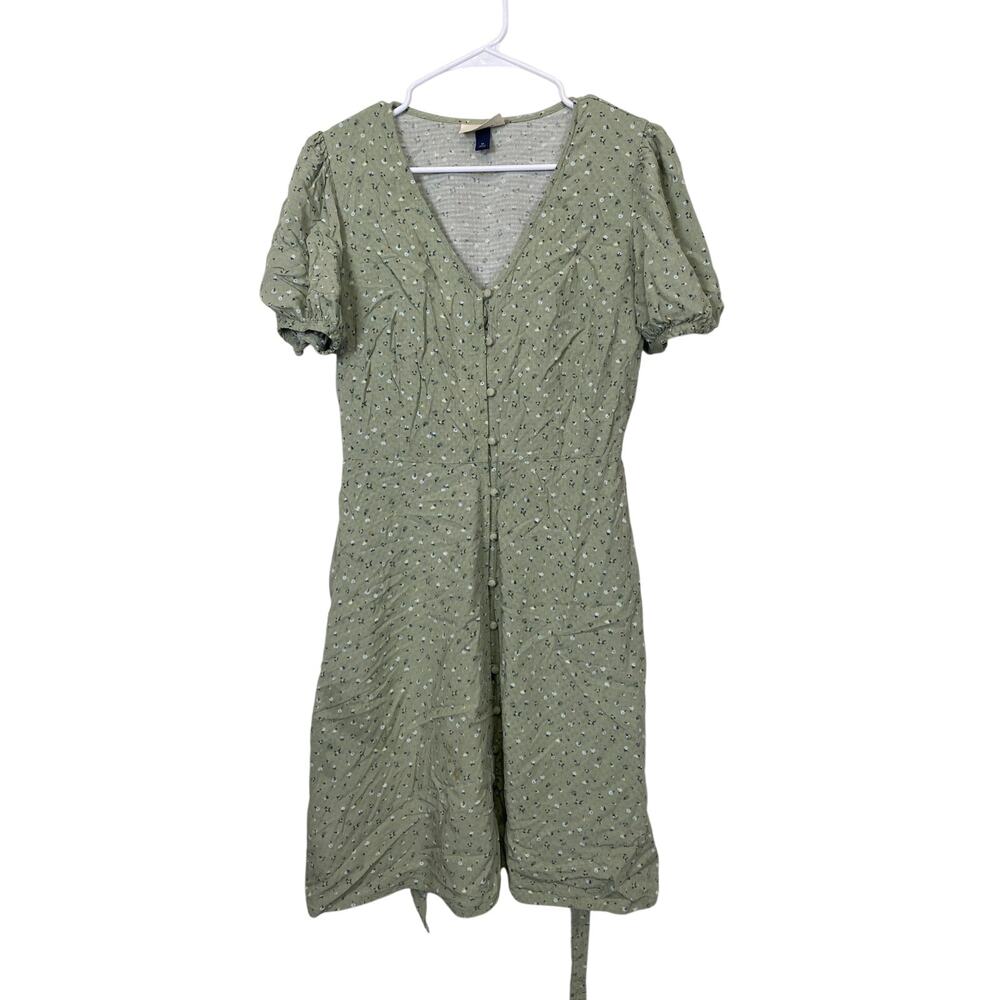 Universal Thread Women Sage Green Button Front Midi Dress Tie Waist Ditzy Size M